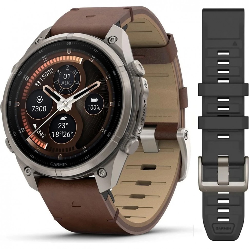 Умные часы Garmin Fenix 9 Pro inReach 47 мм AMOLED Titanium Walnut Leather Band (010-04336-41)