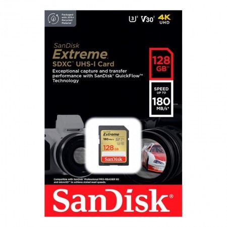 Карта памяти Sandisk 128 ГБ SDXC Extreme UHS-I U3 V30 чтение/запись МБ/сек 180/130 1